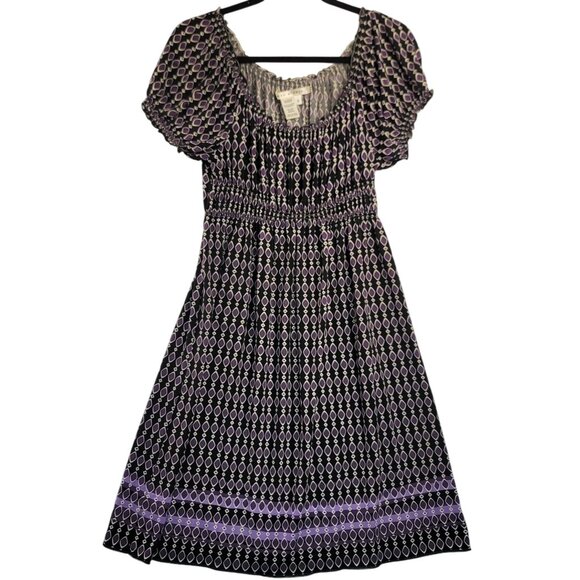 Max Studio Womens Smocked Bodice A-Line Dress Small Purple Black Boho - Picture 1 of 6